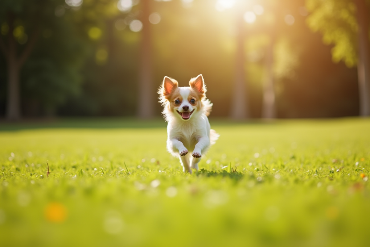 Chihuahua courant dans un parc ensoleille