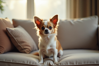Chihuahua assis sur un canapé dans un salon lumineux