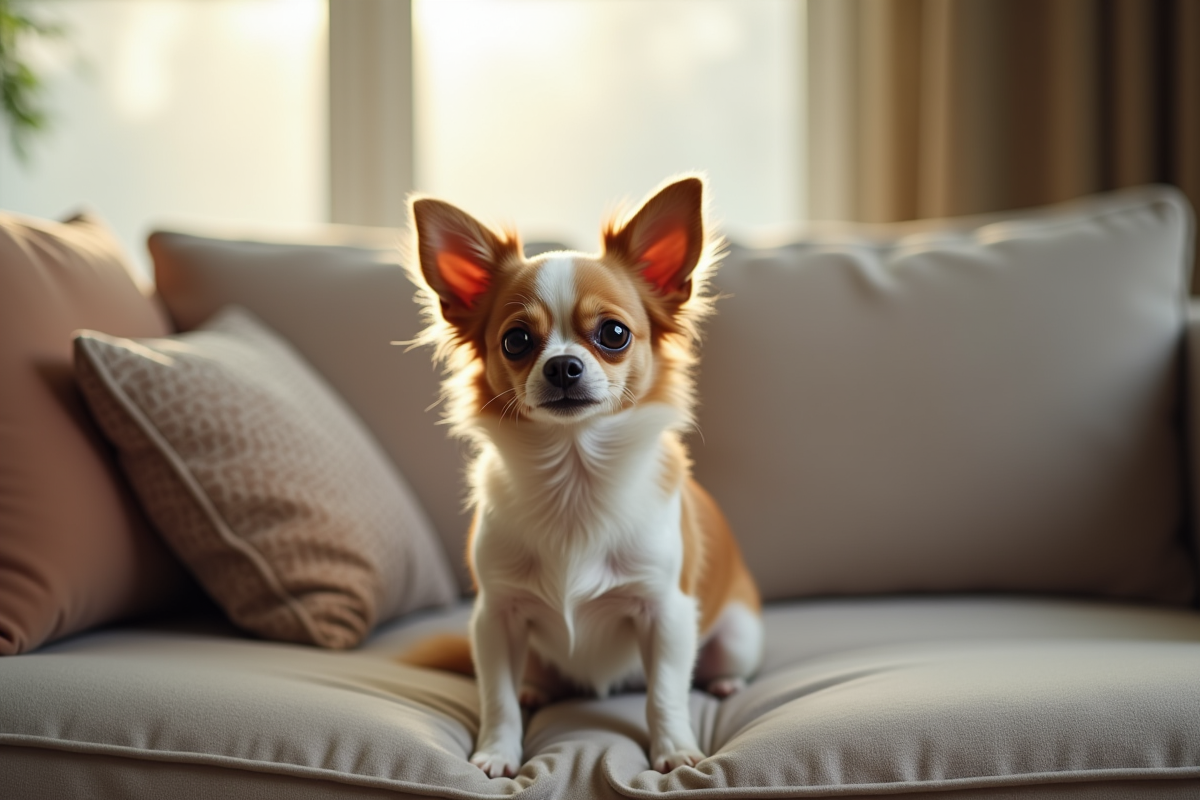 Chihuahua assis sur un canapé dans un salon lumineux