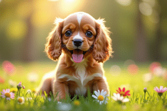 Chiot cocker spaniel souriant dans un parc ensoleille