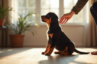 Jeune chiot rottweiler assis attentivement dans un salon ensoleille