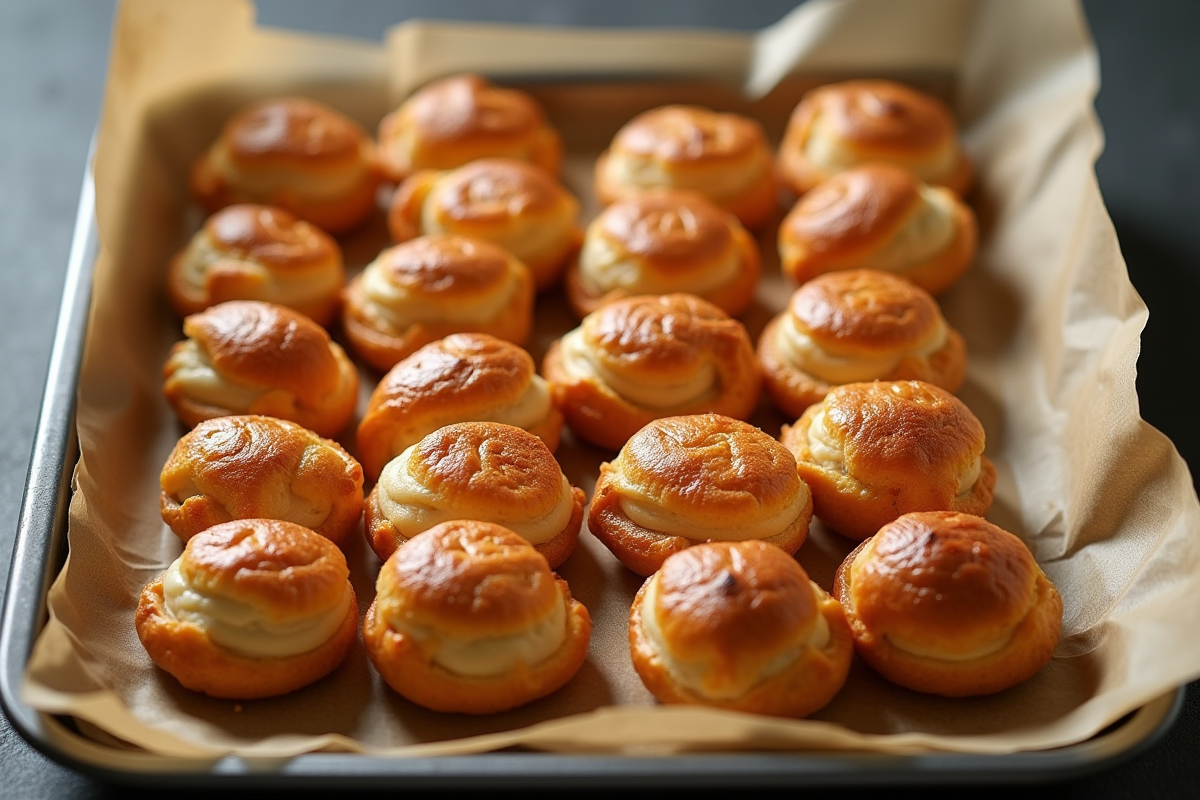 Tray de choux pâtissiers cuits et brûlés sur papier cuisson