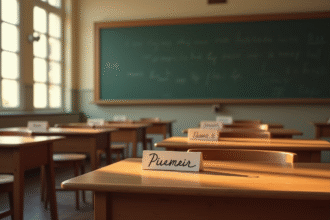 Salle de classe vintage française avec pupitres et tableau