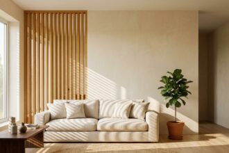 Claustra en bois massif chêne installé dans un salon scandinave moderne avec canapé en lin et plante verte
