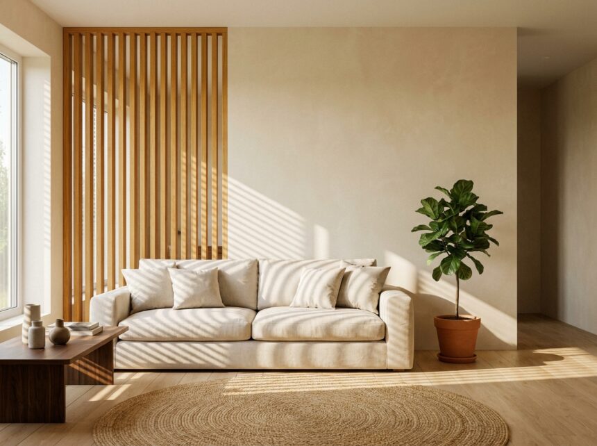 Claustra en bois massif chêne installé dans un salon scandinave moderne avec canapé en lin et plante verte