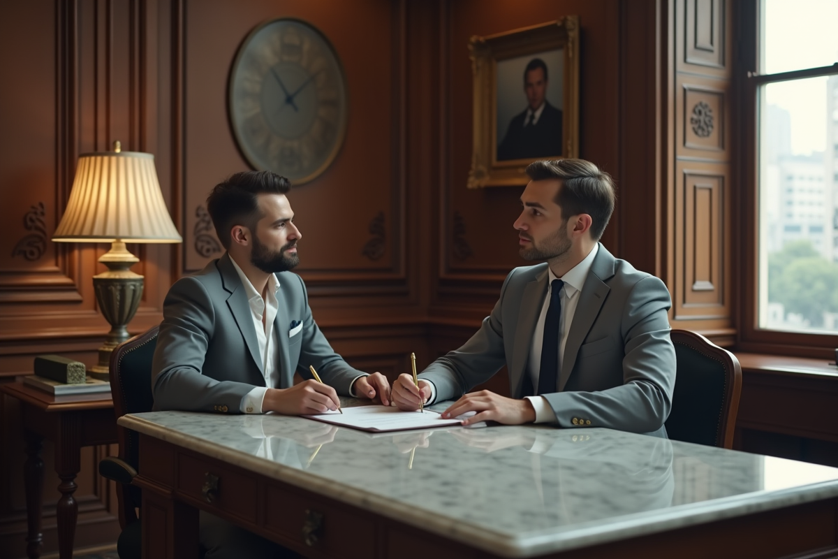 Jeune homme en blazer clair rencontrant un notaire dans un bureau ancien