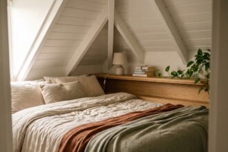Coin nuit cosy dans un duplex avec plafond bas en pente, lit en lin beige et poutres blanches apparentes