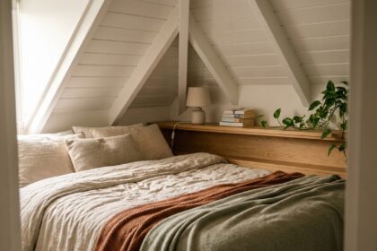 Coin nuit cosy dans un duplex avec plafond bas en pente, lit en lin beige et poutres blanches apparentes