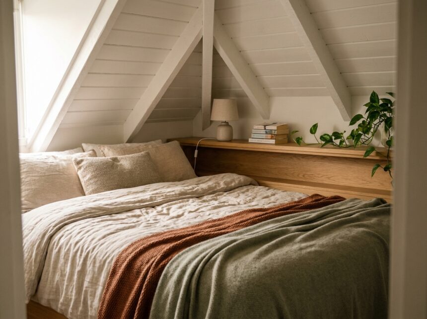 Coin nuit cosy dans un duplex avec plafond bas en pente, lit en lin beige et poutres blanches apparentes