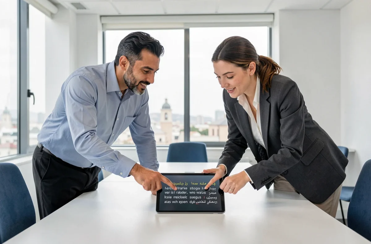 Deux collègues bilingues analysant une traduction darija français sur tablette dans un bureau moderne à Rabat