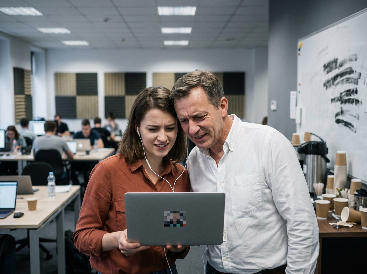 Deux collègues partageant un seul ordinateur portable et des écouteurs lors d'une visioconférence dans un espace de coworking bruyant