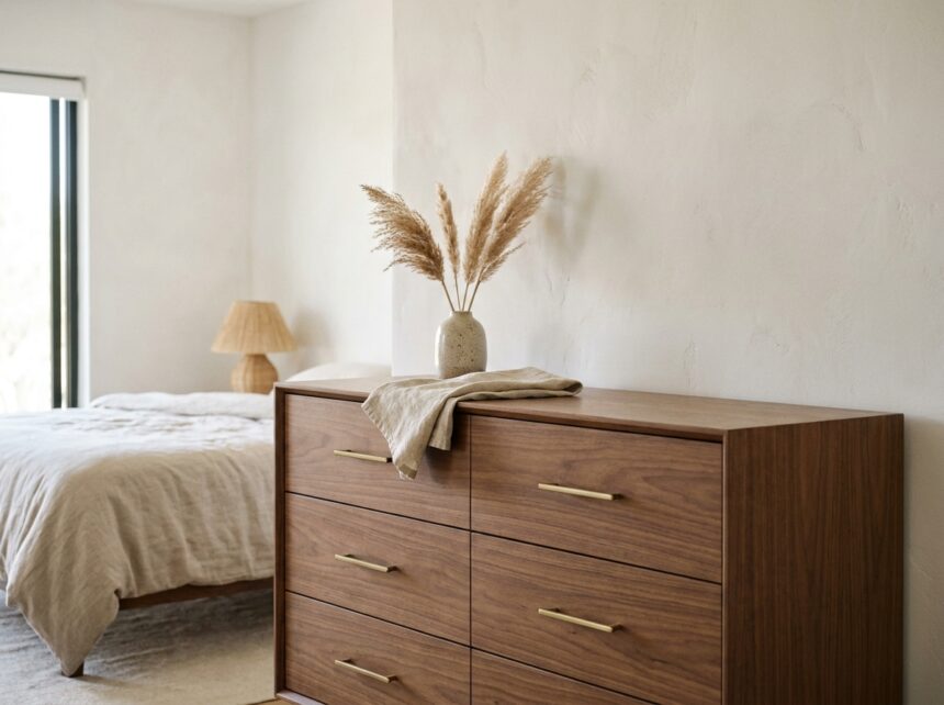 Commode en bois de noyer style mid-century dans une chambre moderne avec vase en céramique et quincaillerie dorée