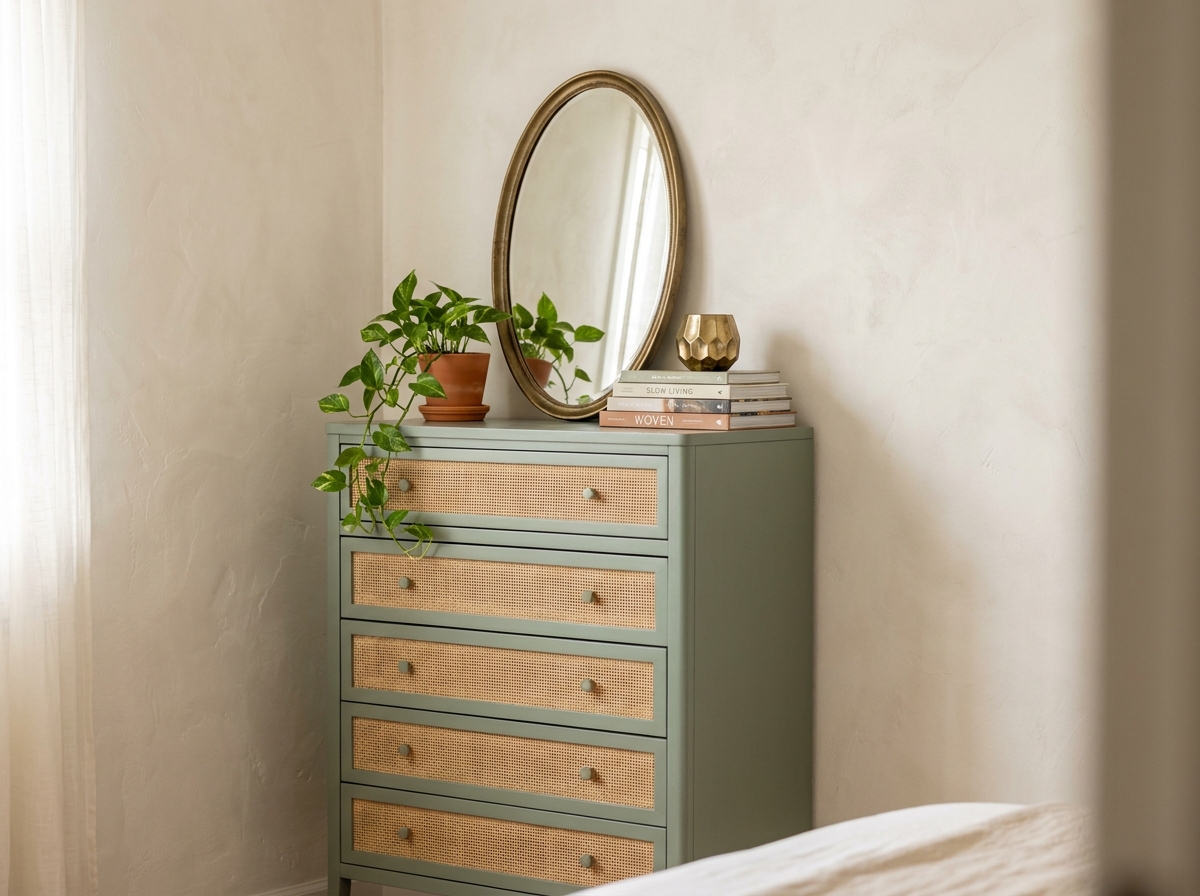 Commode en rotin vert sauge dans un coin de chambre bohème avec miroir laiton, livres et plante verte