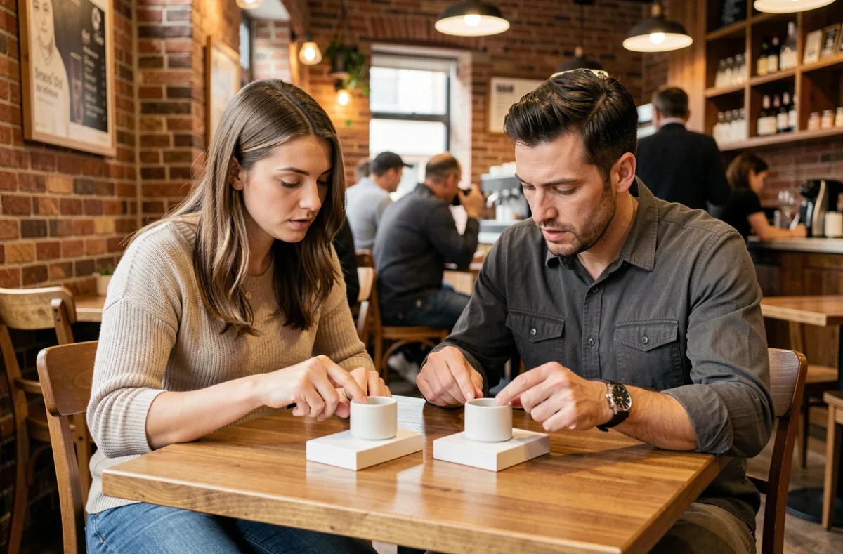 Deux adultes comparant côte à côte un produit authentique et une copie douteuse dans un café parisien