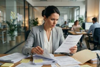 Comptable cherchant des justificatifs de factures dans des dossiers papier sur un bureau encombré