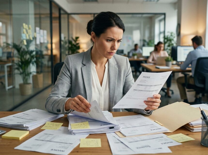 Comptable cherchant des justificatifs de factures dans des dossiers papier sur un bureau encombré