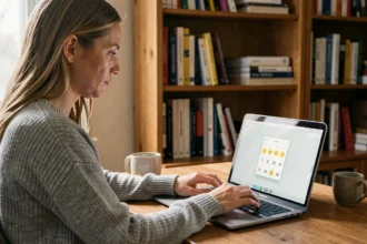 Femme utilisant un compteur d'emojis en mode hors ligne sur son ordinateur portable dans un bureau à domicile