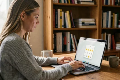 Femme utilisant un compteur d'emojis en mode hors ligne sur son ordinateur portable dans un bureau à domicile