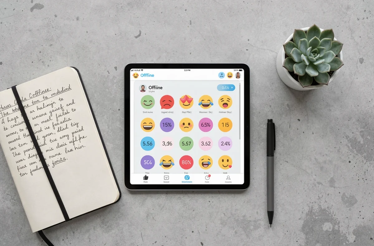 Vue à plat d'une tablette affichant un compteur d'emojis hors ligne avec un carnet de notes sur un bureau en béton