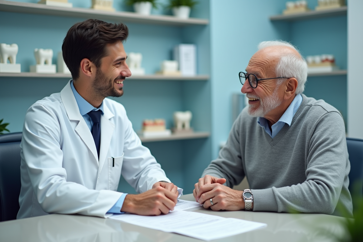 Dentiste jeune consulte un homme âgé dans un cabinet dentaire calme