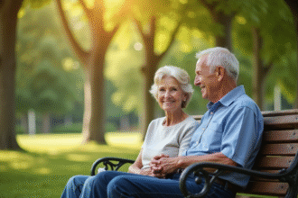 Couple âgé main dans la main sur un banc dans un parc