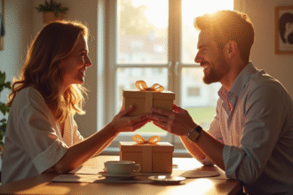 Couple marié échangeant des coffrets cadeaux au petit déjeuner