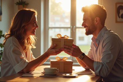 Couple marié échangeant des coffrets cadeaux au petit déjeuner