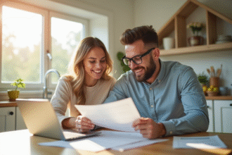 Couple souriant examinant documents de mortgage à la maison