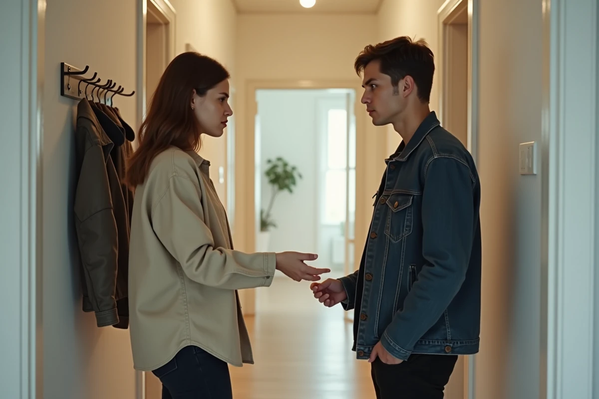 Deux personnes dans un couloir, l'une tendant la main et l'autre reculant, illustrant le rejet ou l'acceptation d'un ex dans un rêve