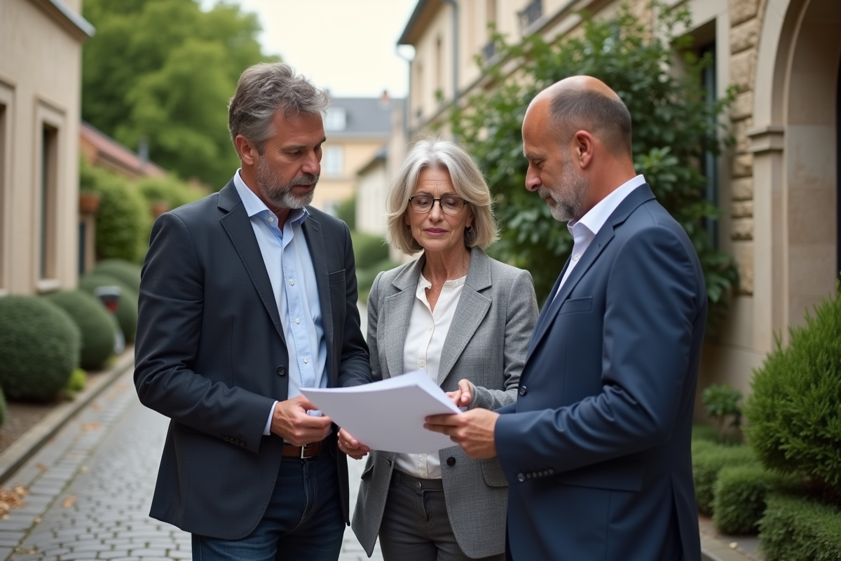 Couple français discutant avec un conseiller devant une maison