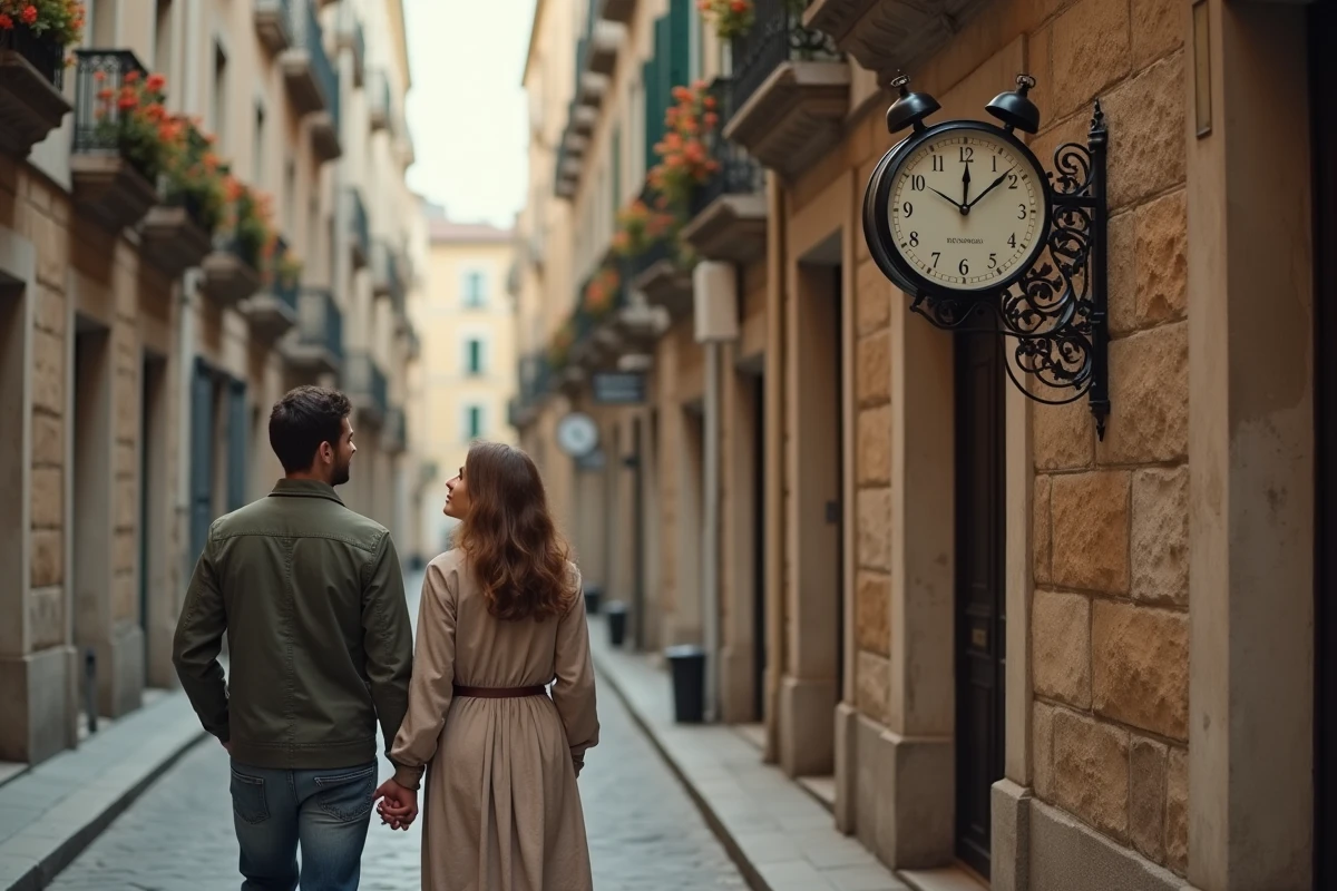 Couple regardant une horloge ancienne affichant 14h41 dans une rue pavée européenne, symbole de synchronicité amoureuse