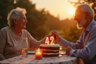 Couple souriant de soixante ans lors d un dîner extérieur