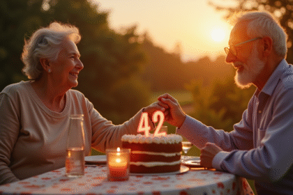 Couple souriant de soixante ans lors d un dîner extérieur