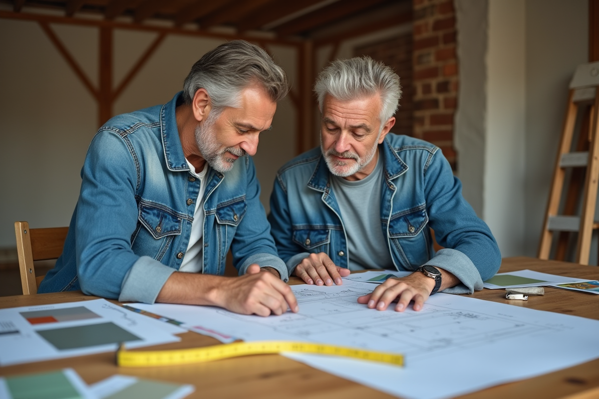 Couple d'âge moyen examinant des plans de rénovation dans une maison