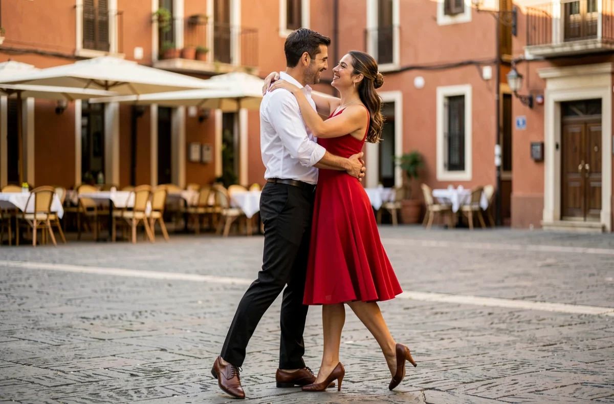 Couple dansant la salsa en extérieur sur une place pavée méditerranéenne