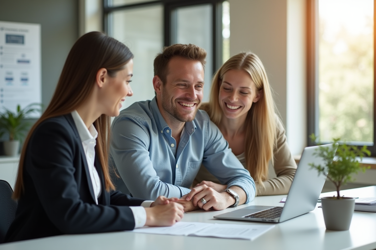 Couple souriant avec conseiller en prêt immobilier