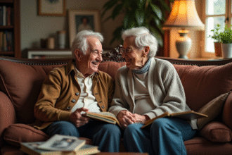 Couple âgé assis sur un sofa vintage dans un salon chaleureux
