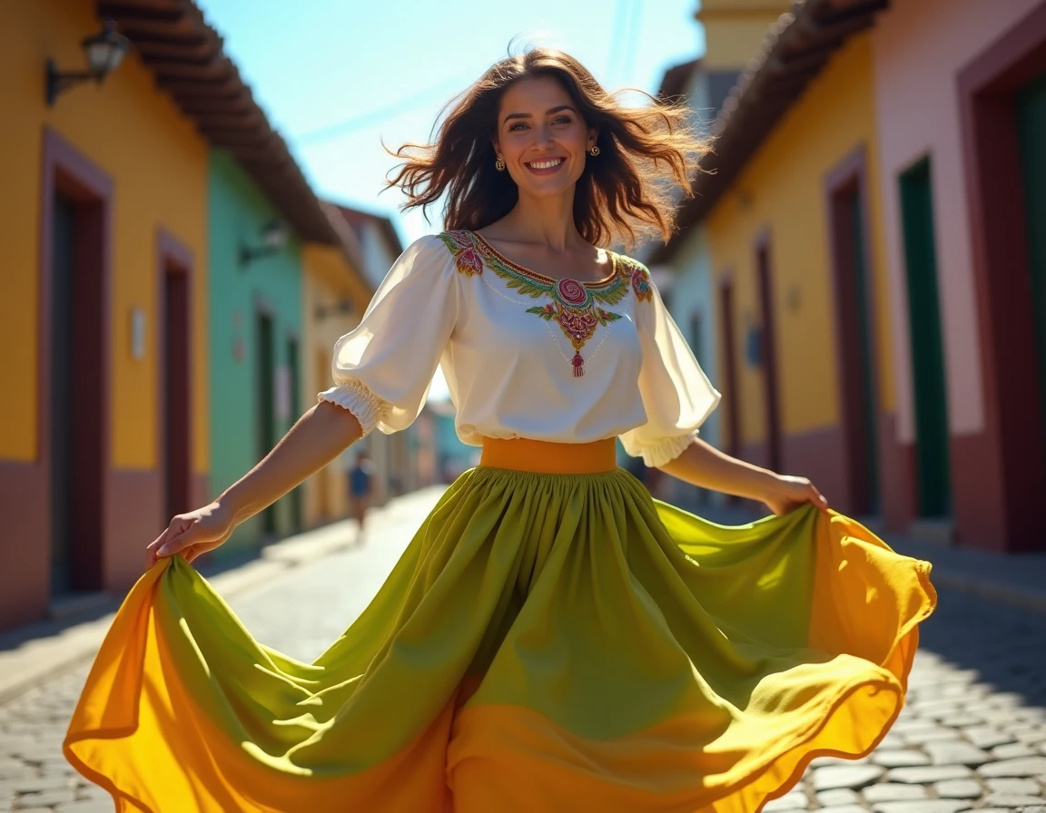 Danseuse brésilienne en samba dans une rue pavée colorée, jupe jaune et verte en mouvement, ambiance festive Rio