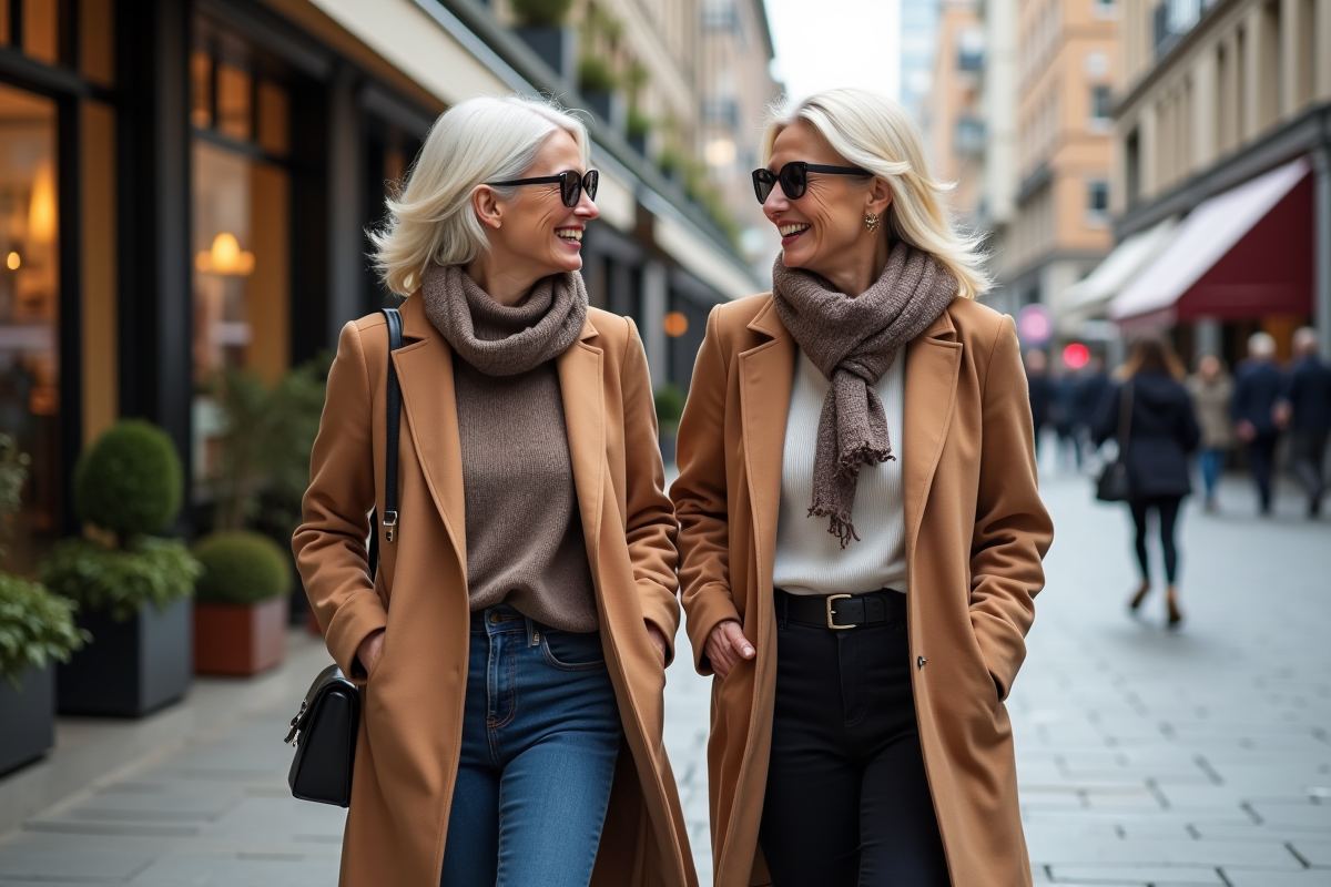 Deux femmes de 50 ans discutant en marchant dans une rue chic de la ville