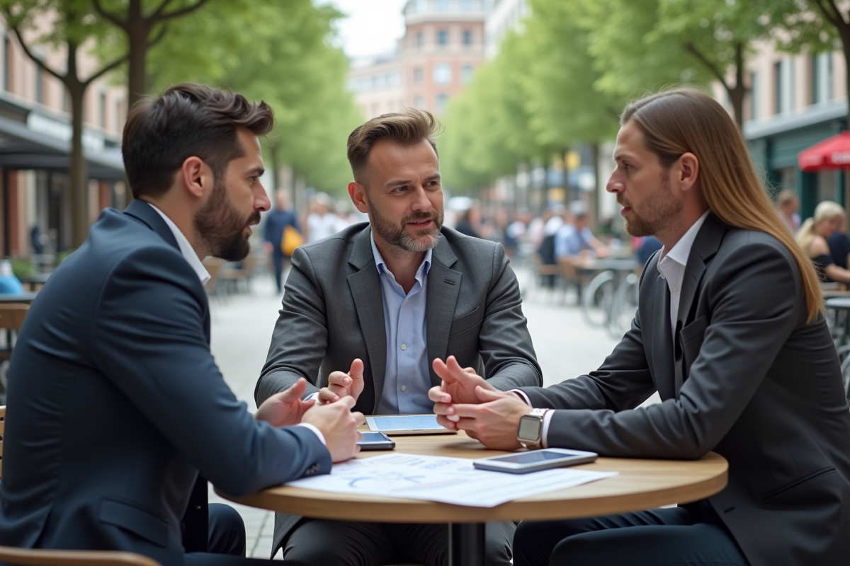 Groupe de trois personnes discutant en extérieur