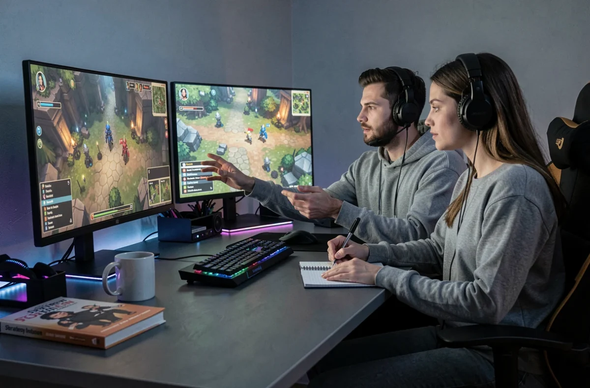 Deux joueurs collaborant devant un double écran pour suivre un itinéraire de chasse optimisé dans le jeu vidéo Dofus