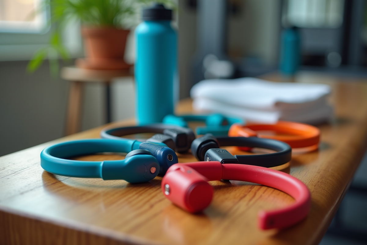 Gros plan sur écouteurs Bluetooth colorés sur banc de gym