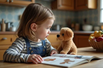 Jeune fille curieuse avec Tchoupi dans la cuisine française