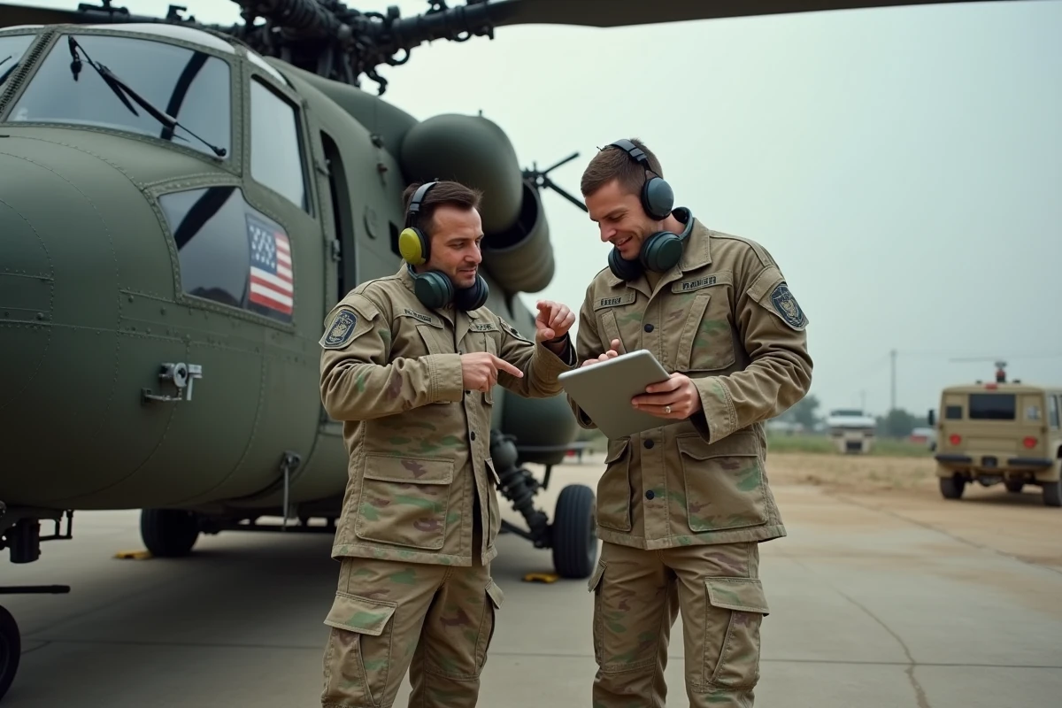 Deux mécaniciens militaires inspectant ensemble la tête de rotor principal d'un hélicoptère sur une base opérationnelle