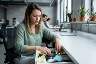 Femme en télétravail hybride cherchant des câbles dans un tiroir partagé désorganisé dans un espace de coworking