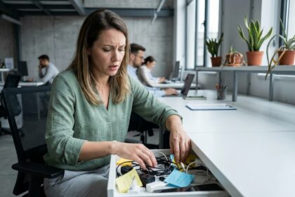 Femme en télétravail hybride cherchant des câbles dans un tiroir partagé désorganisé dans un espace de coworking