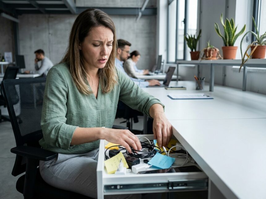 Femme en télétravail hybride cherchant des câbles dans un tiroir partagé désorganisé dans un espace de coworking