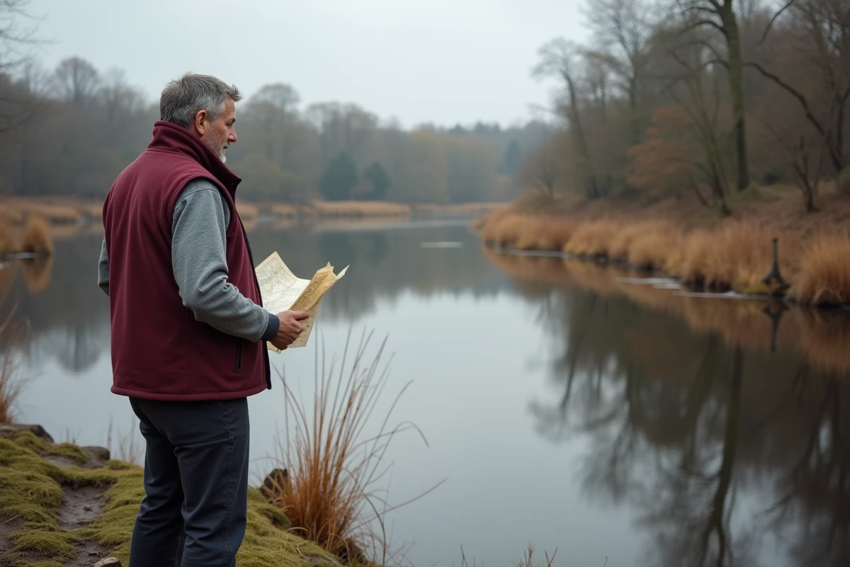 Homme consultant une carte topographique au bord d'un étang naturel lors d'un week-end nature à Saint-Goussaud en Creuse