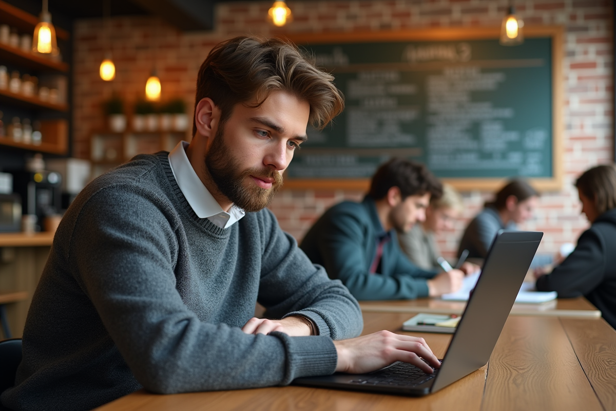 Etudiant étudiant dans un café étudiant en train de lire un document
