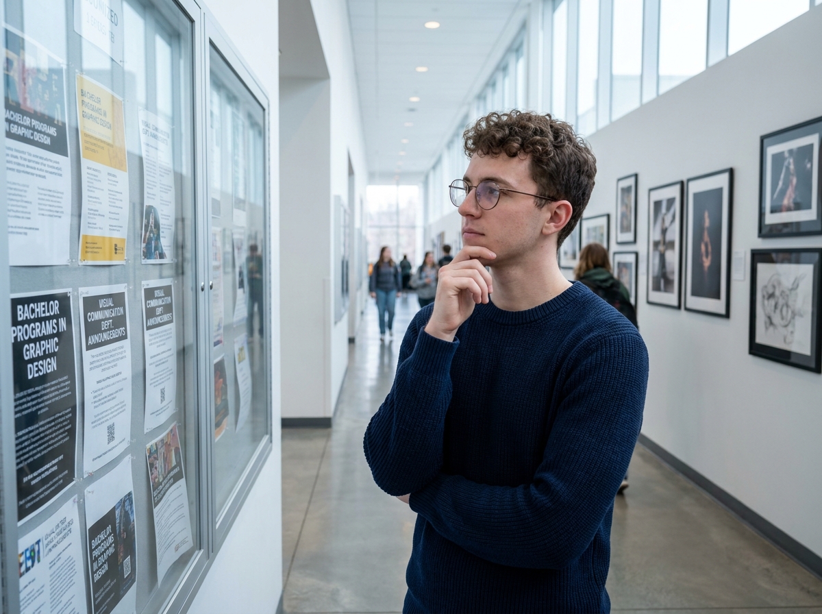 Étudiant lisant des annonces de formations en design graphique sur un tableau d'affichage dans un couloir d'école d'art